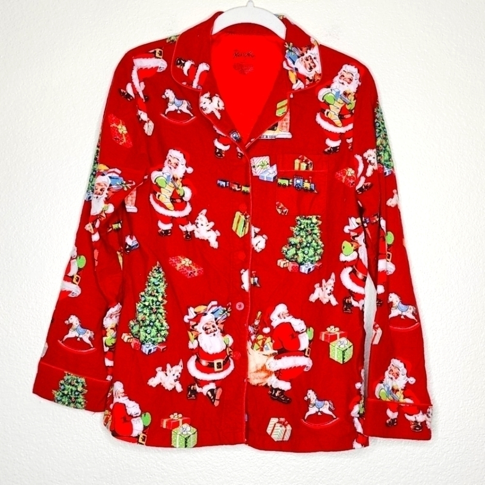 Nick & Nora Red Christmas Vintage Santa & Pups Pajama Top S